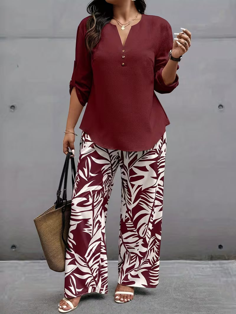 Botánica | Conjunto de Blusa y Pantalón de Pierna Ancha con Estampado