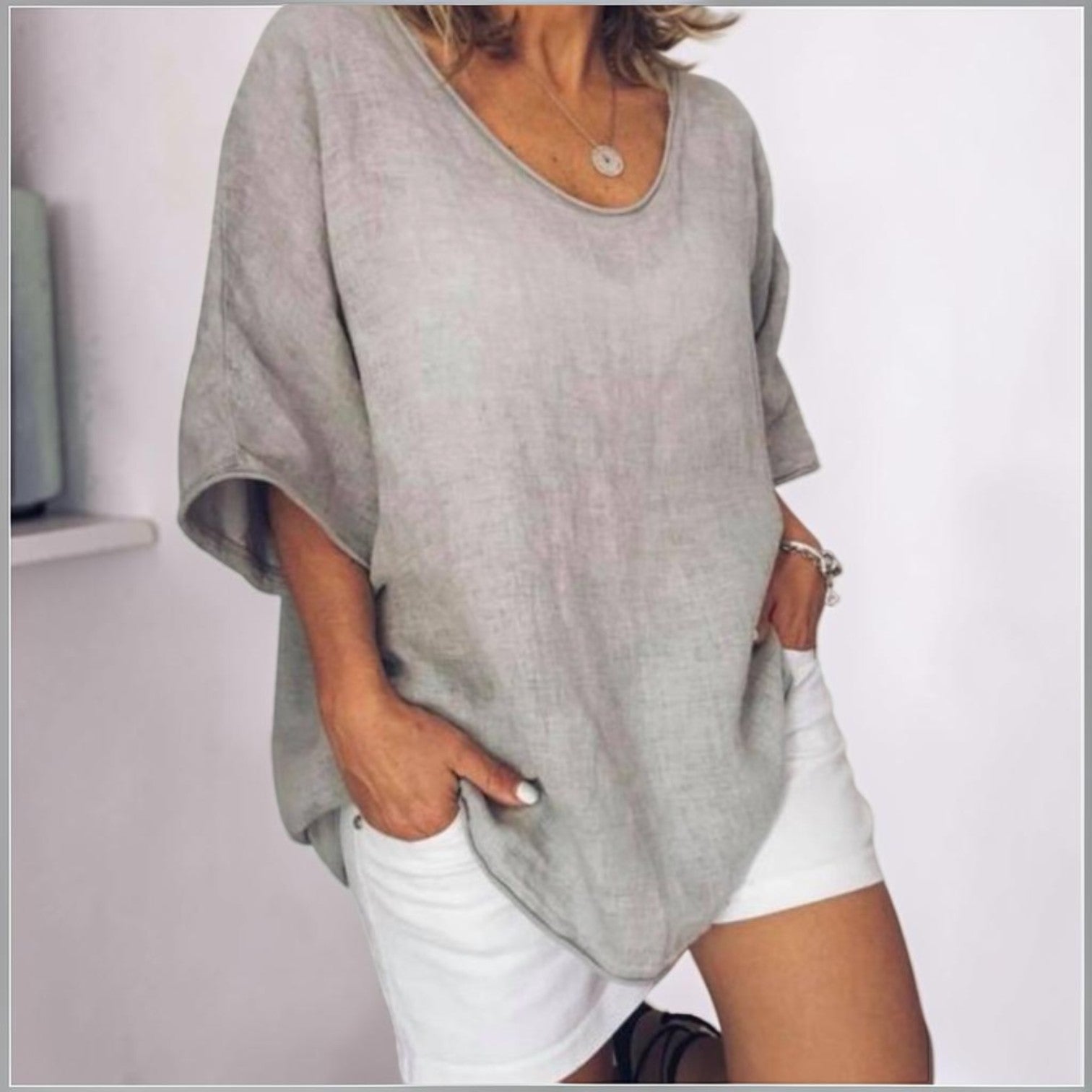 Nube | Camiseta de Lino Holgada con Cuello Redondo y Manga Tres Cuartos