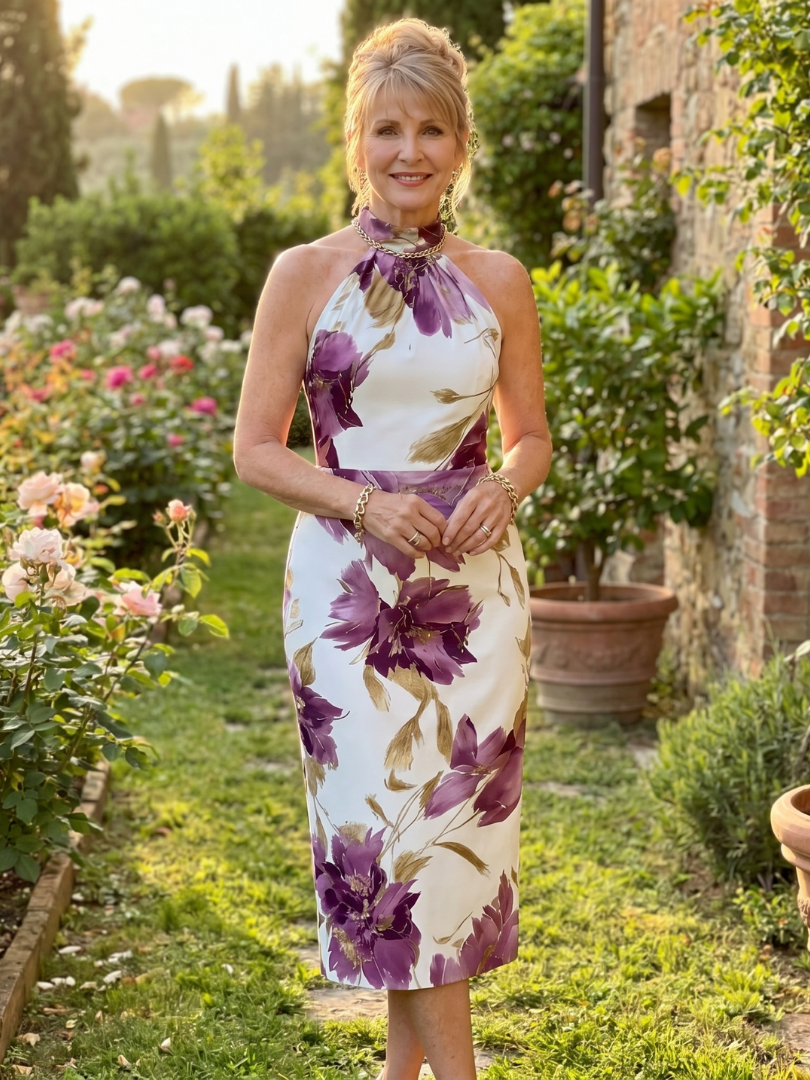 Zinnara | Vestido Midi con Estampado Floral y Cuello Halter