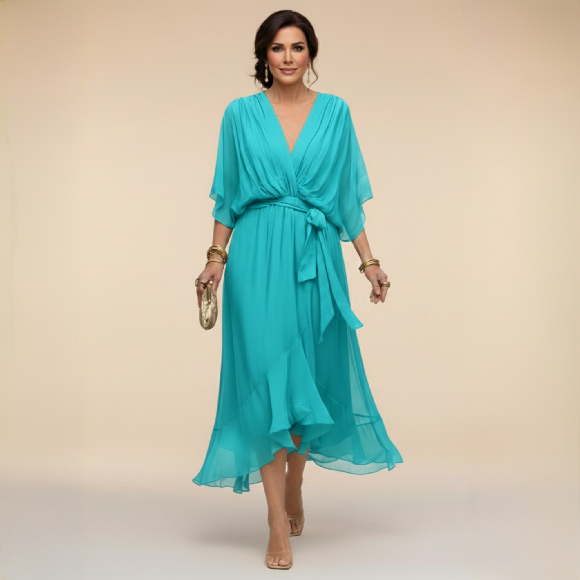 Monica | Vestido Midi en Chifón con Escote en V y Cinturón