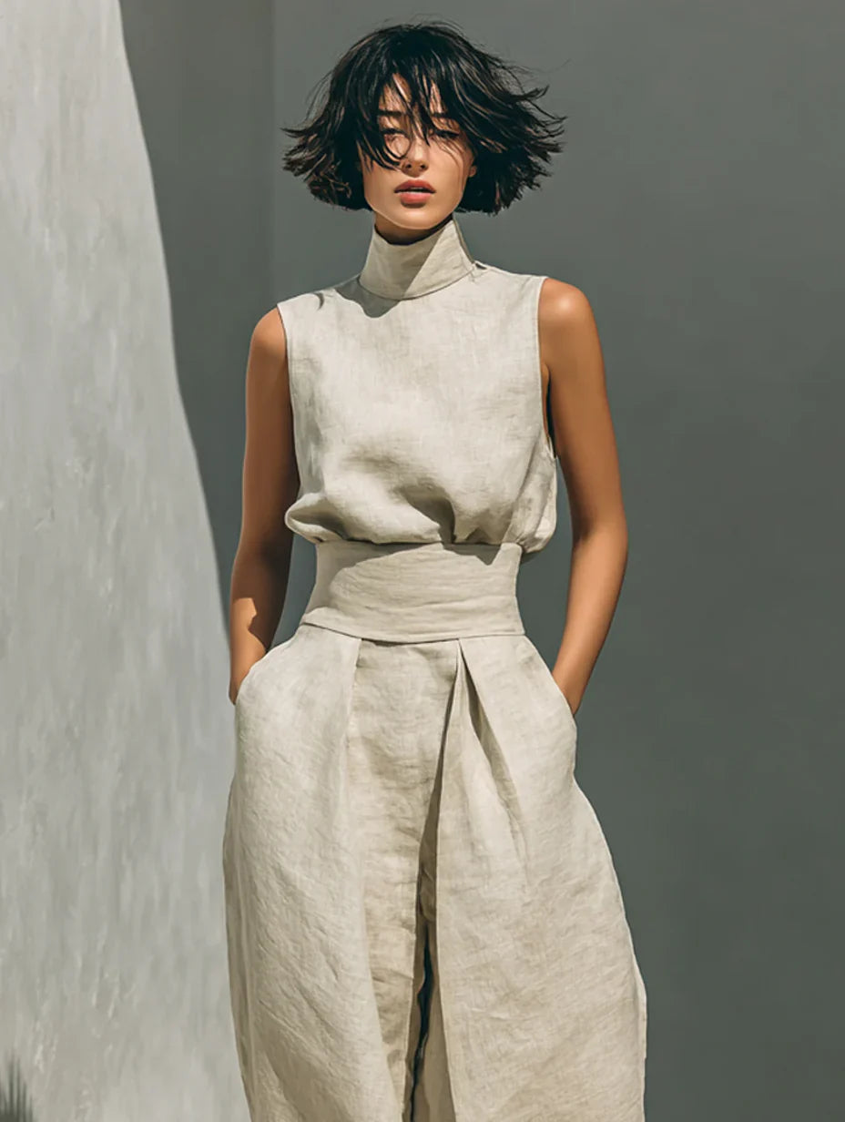 Flor | Blusa Sin Mangas y Pantalón Ancho en Algodón y Lino