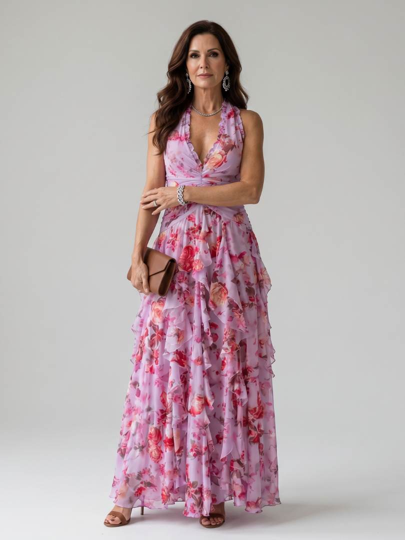 Nori | Vestido Maxi Halter con Volantes y Estampado Floral