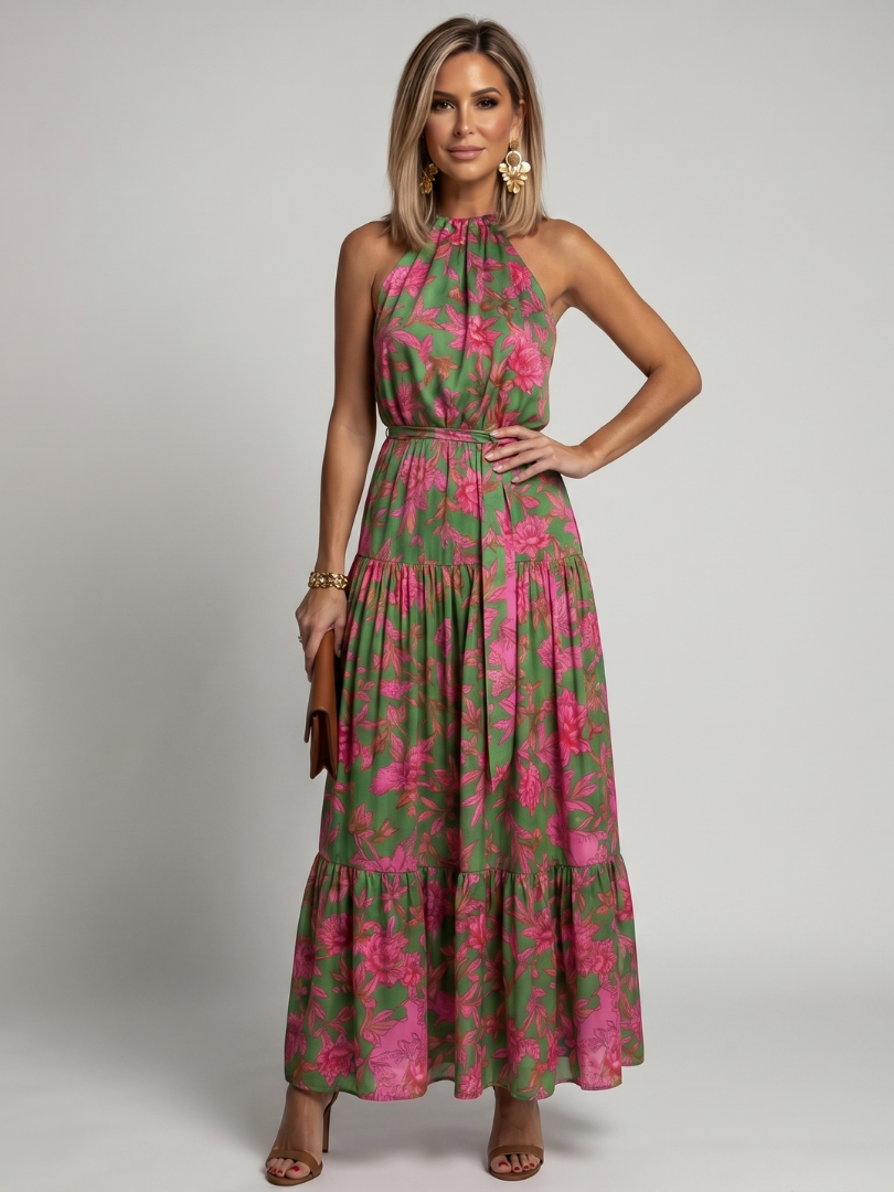 Rowen | Vestido Midi Halter Drapeado con Estampado Floral