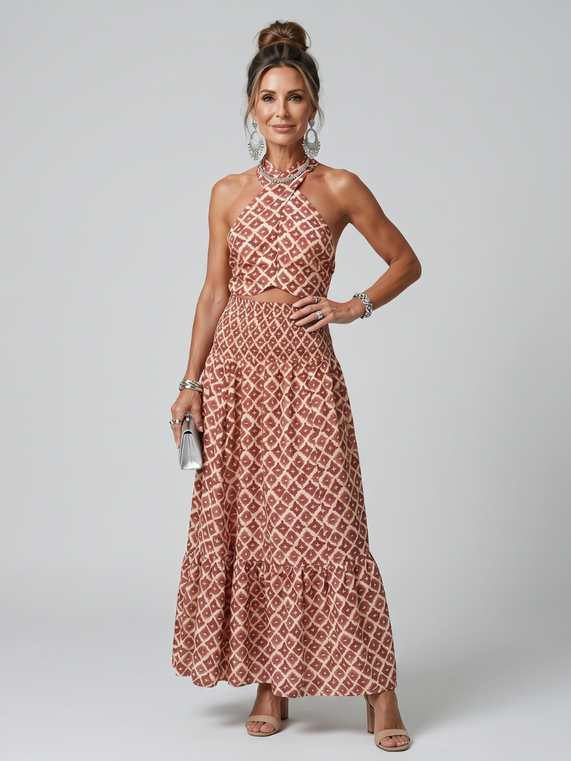 Amira | Conjunto Midi con Top Halter Cruzado y Falda con Estampado Geométrico