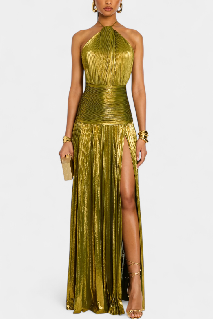 Elena | Vestido Maxi Halter Metálico con Abertura