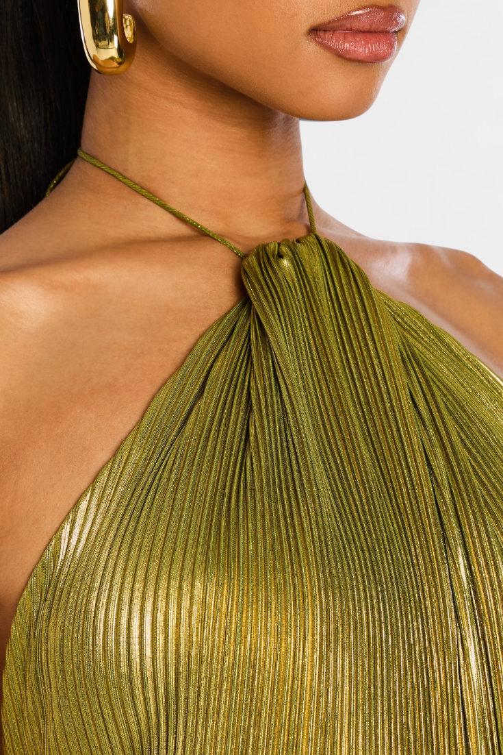 Elena | Vestido Maxi Halter Metálico con Abertura