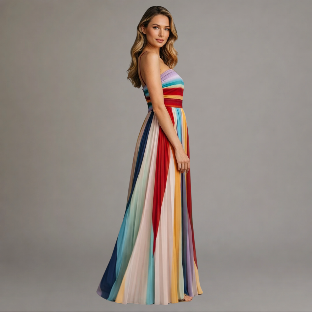 Giulia | Vestido Maxi de Rayas Multicolor con Escote Palabra de Honor