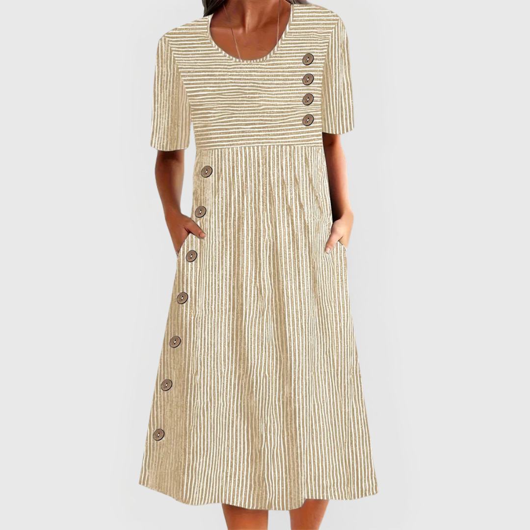 Sophia | Vestido Midi de Rayas con Botones Decorativos
