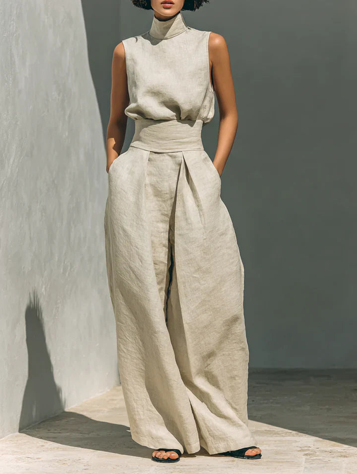 Flor | Blusa Sin Mangas y Pantalón Ancho en Algodón y Lino