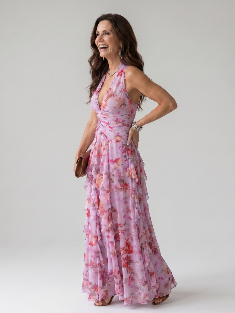 Nori | Vestido Maxi Halter con Volantes y Estampado Floral
