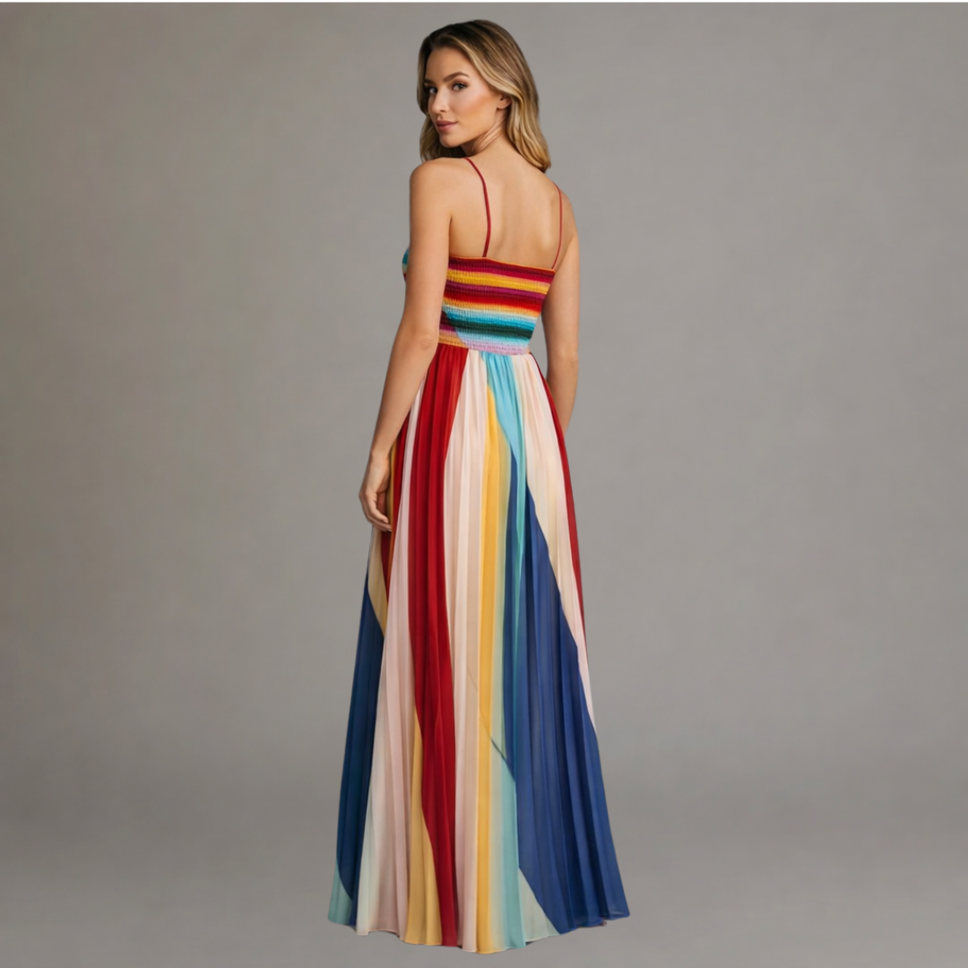 Giulia | Vestido Maxi de Rayas Multicolor con Escote Palabra de Honor