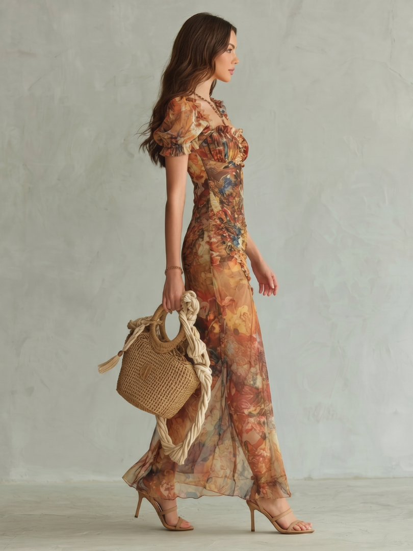 Ciel | Vestido Midi con Mangas Fruncidas y Estampado Multicolor