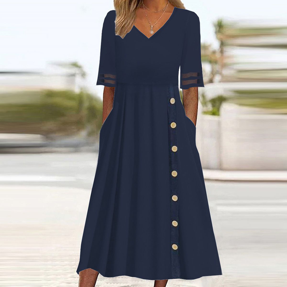 Navy Plain Short Sleeve Midi Dress