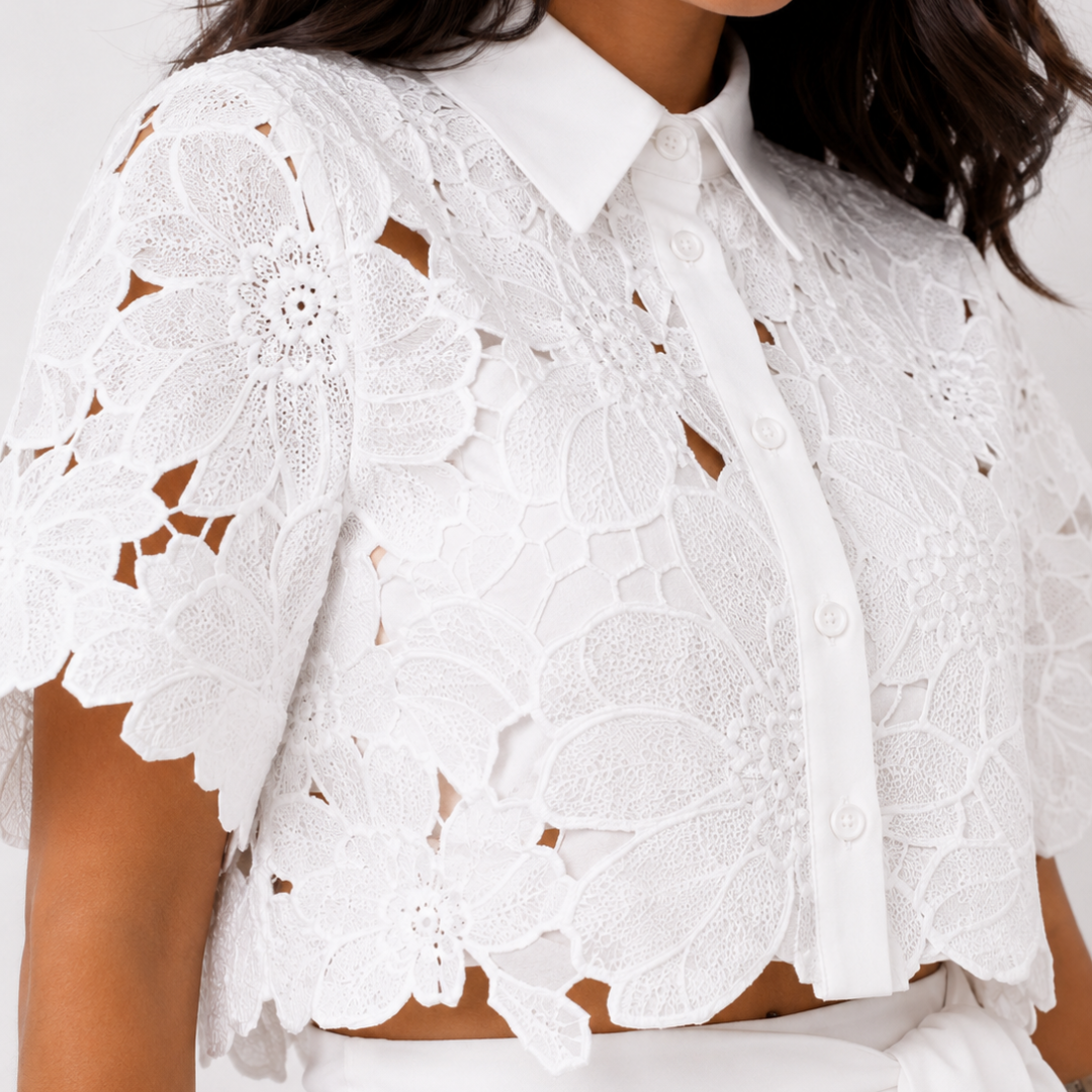 Isabela | Conjunto de Encaje de Camisa y Pantalón Palazzo