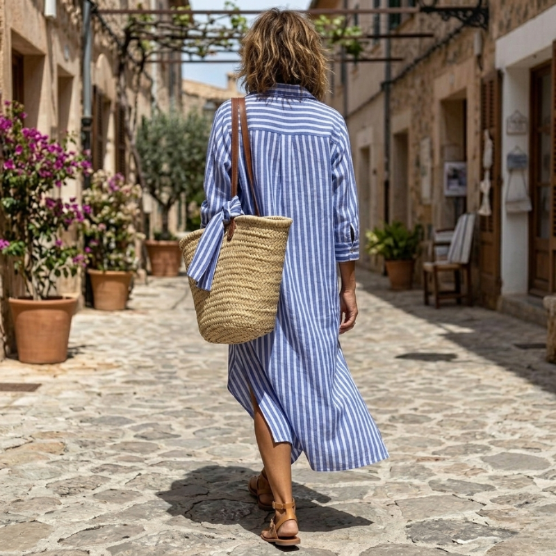 Nichole | Vestido Camisero a Rayas con Corte Largo