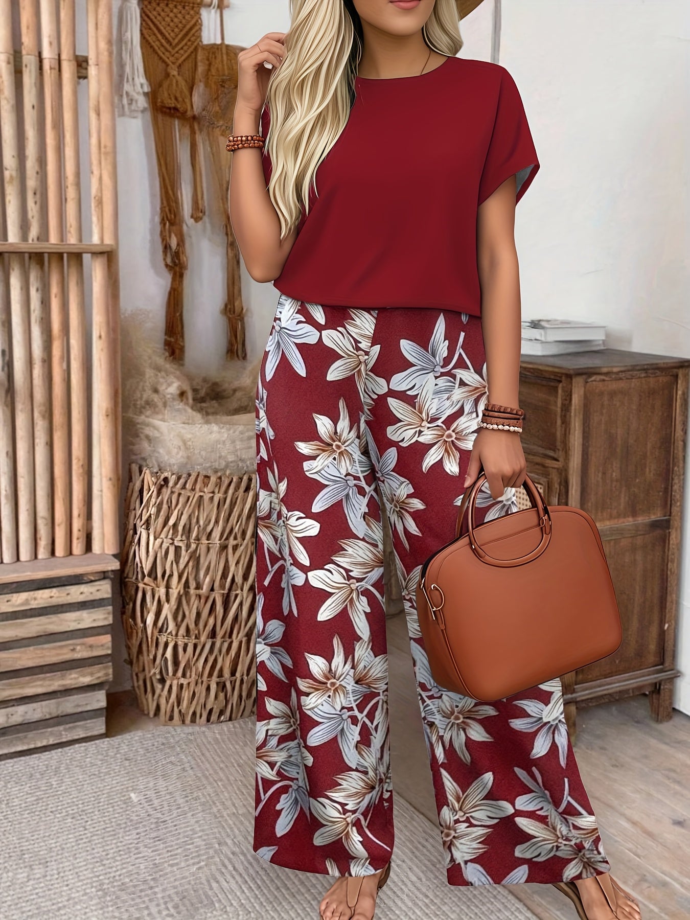 Florencia | Conjunto de Top Liso y Pantalón Floral con Pierna Ancha