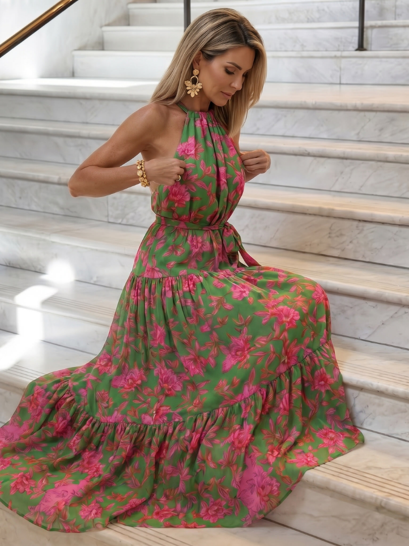 Rowen | Vestido Midi Halter Drapeado con Estampado Floral