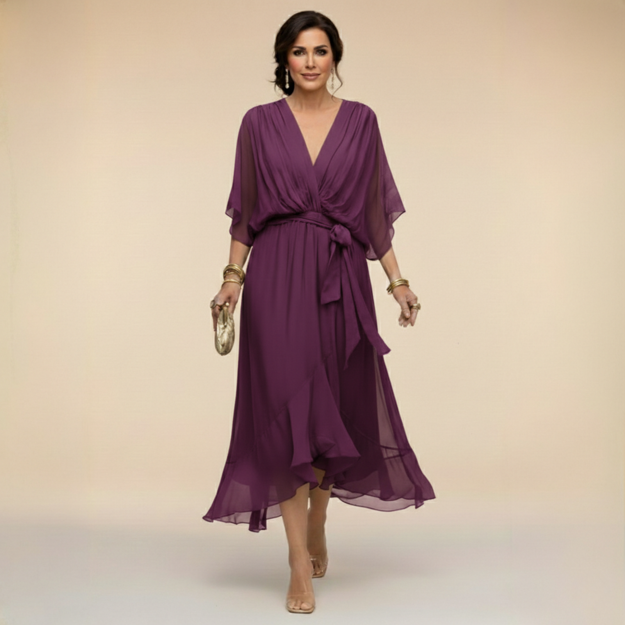 Monica | Vestido Midi en Chifón con Escote en V y Cinturón