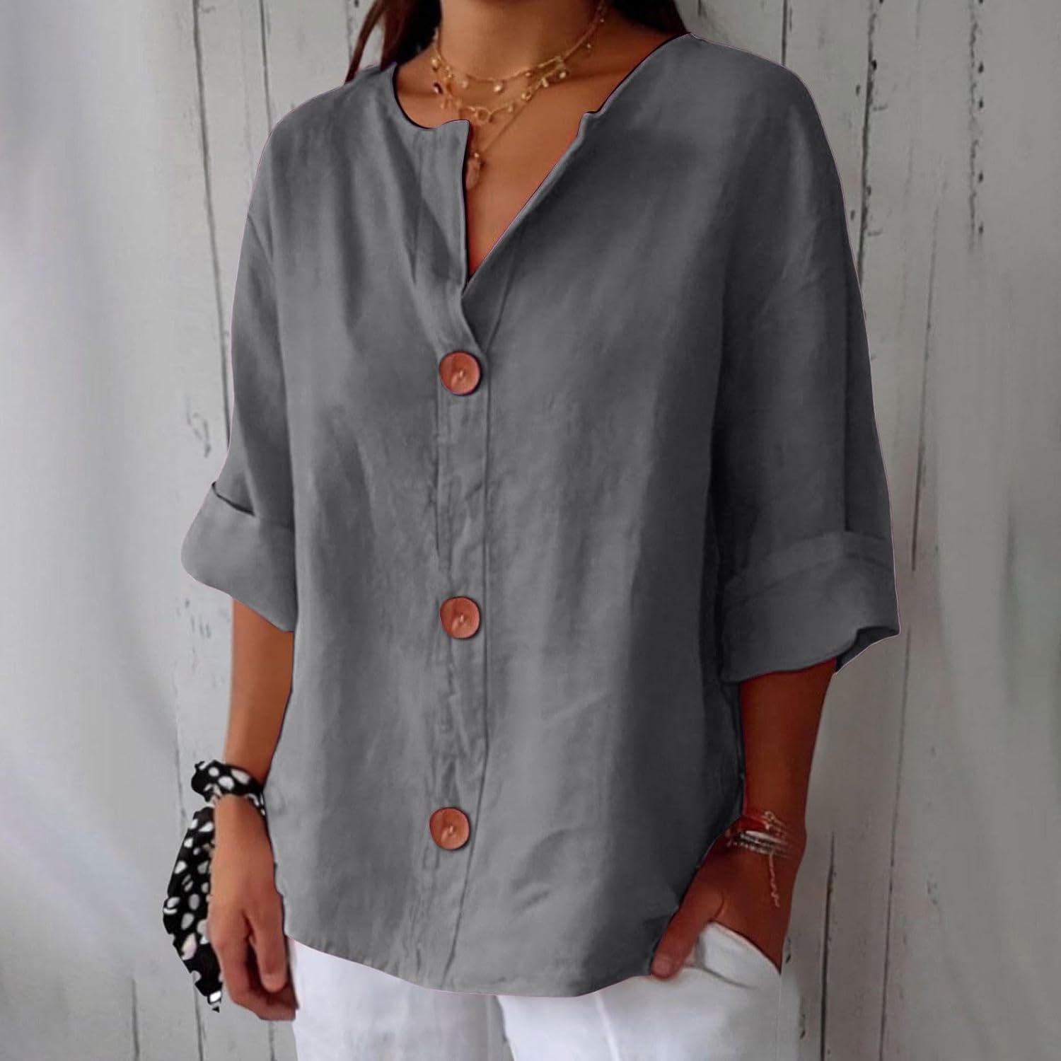 Hazel | Blusa de Algodón y Lino con Escote en V y Botones