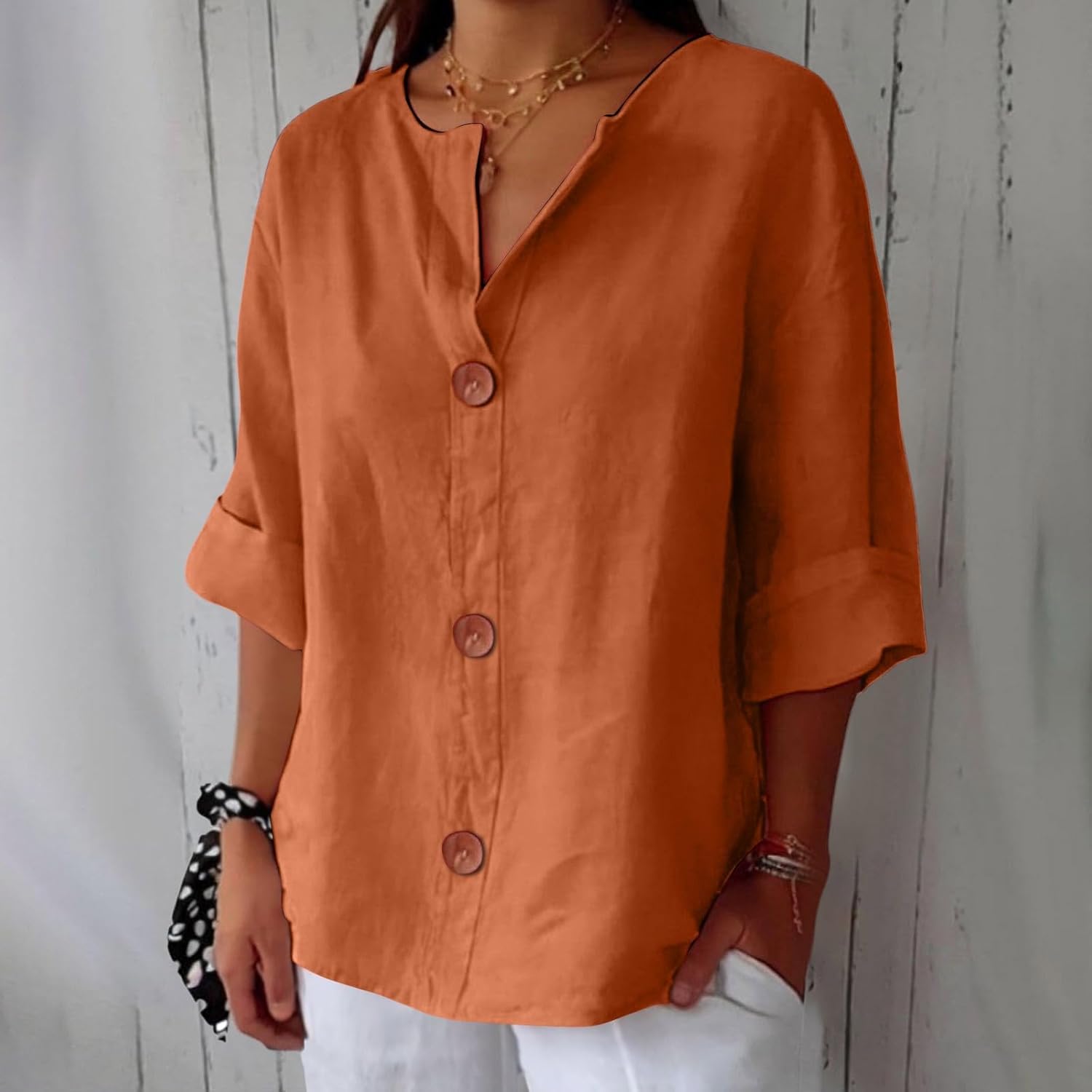 Hazel | Blusa de Algodón y Lino con Escote en V y Botones