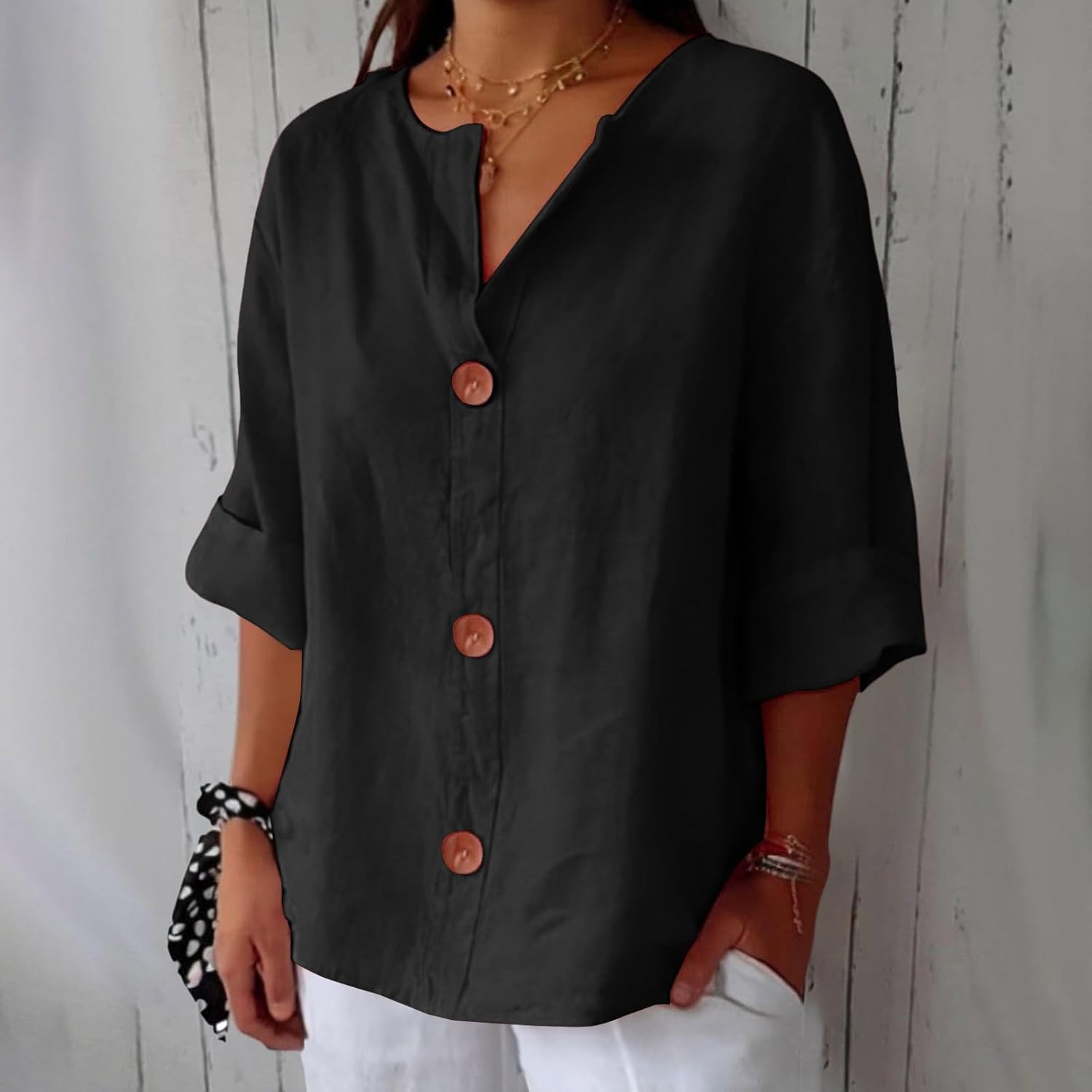 Hazel | Blusa de Algodón y Lino con Escote en V y Botones