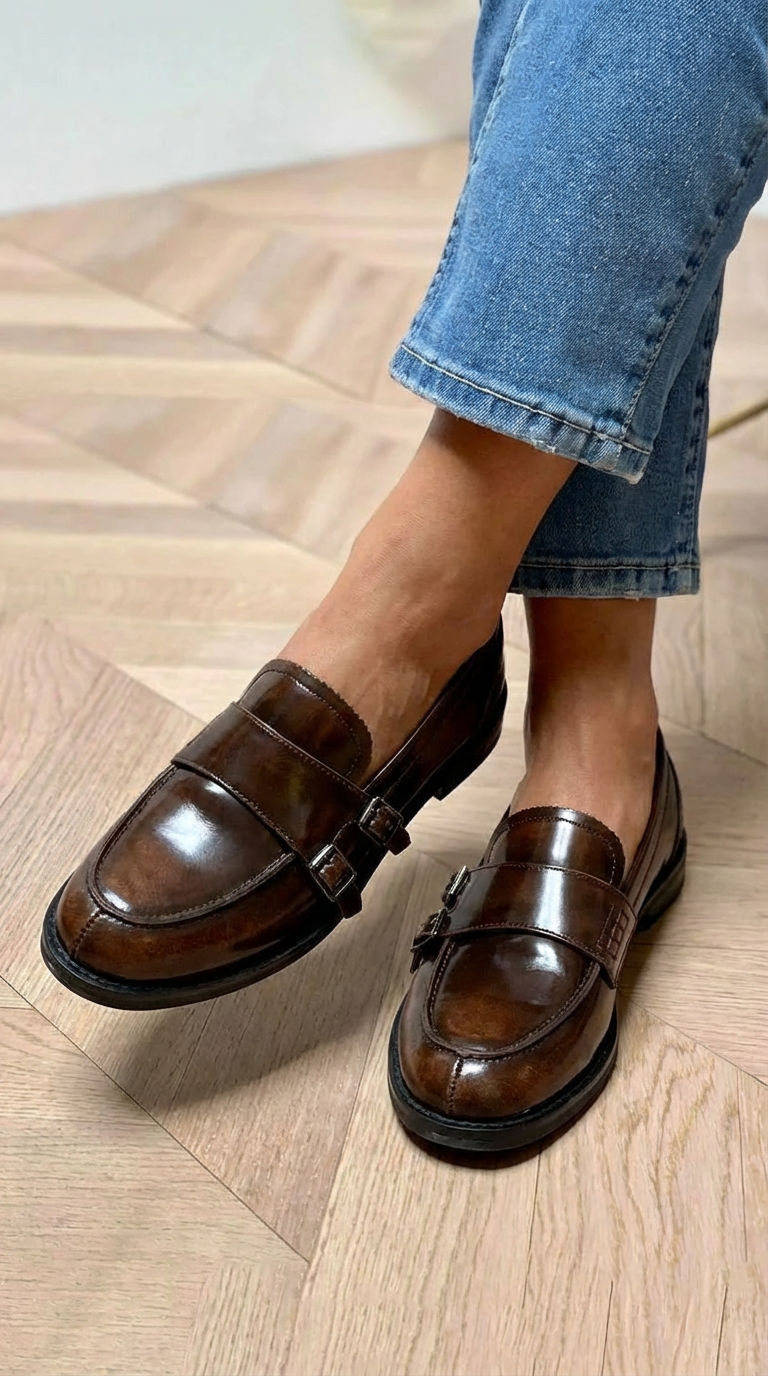 Maevie | Mocasín Plano con Charol Marrón y Hebilla Doble