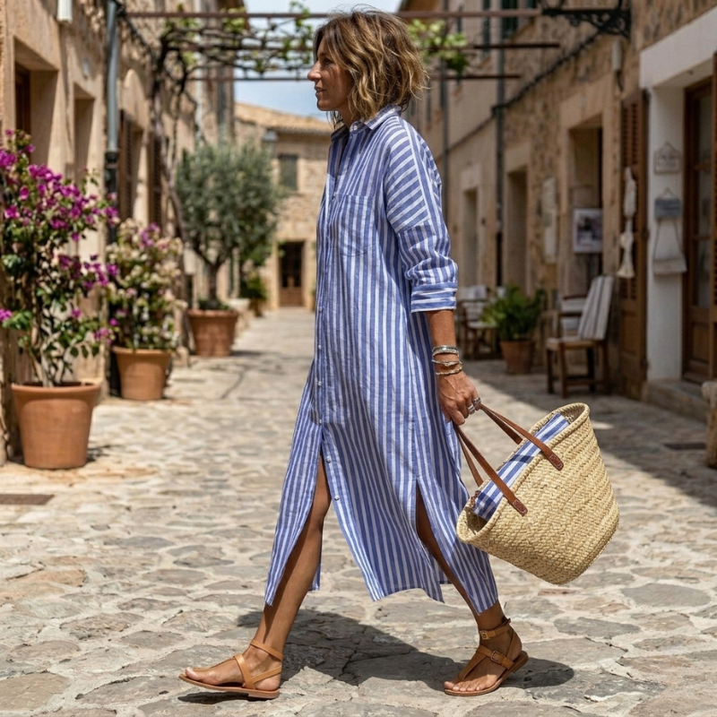 Nichole | Vestido Camisero a Rayas con Corte Largo