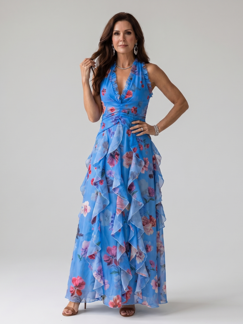 Nori | Vestido Maxi Halter con Volantes y Estampado Floral