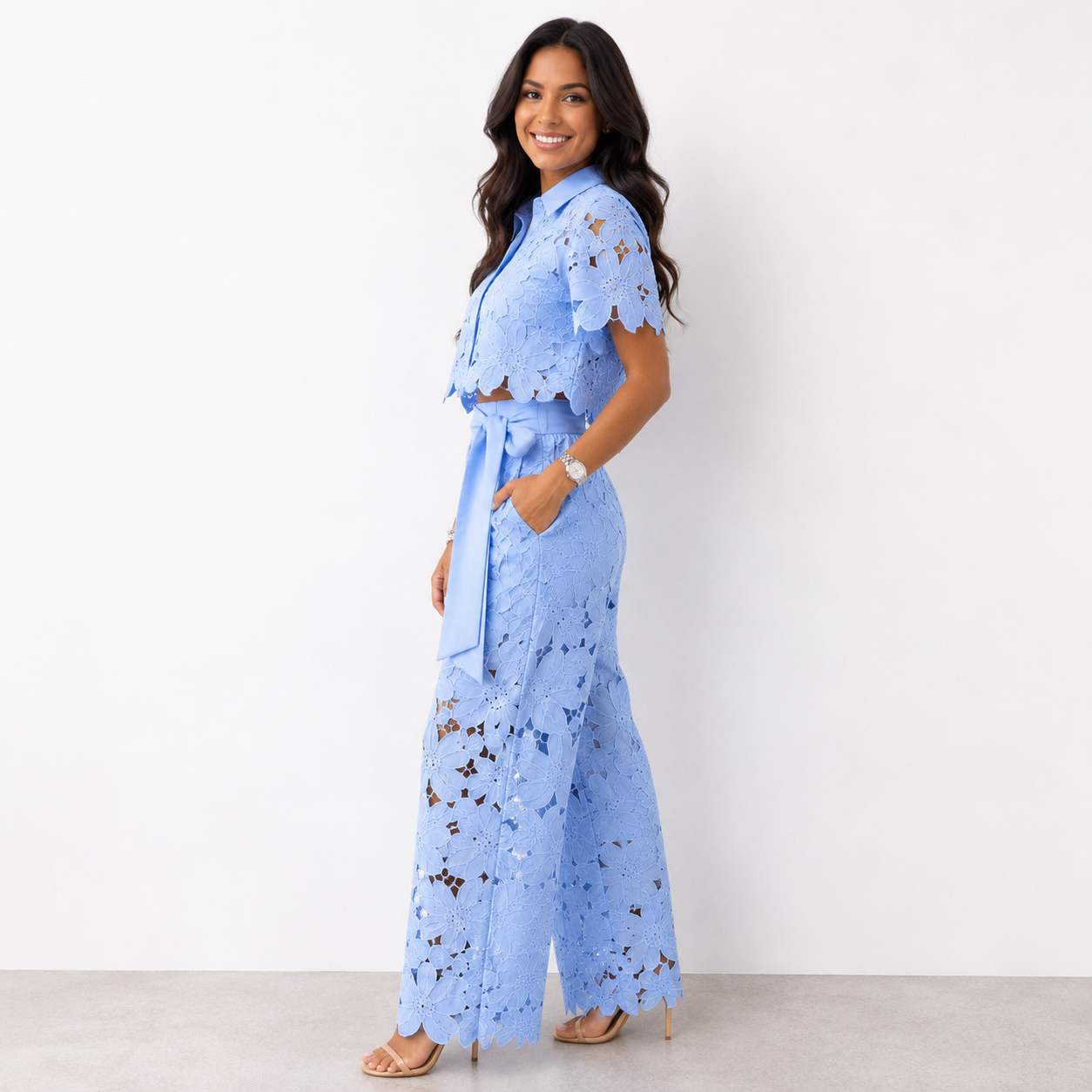 Isabela | Conjunto de Encaje de Camisa y Pantalón Palazzo