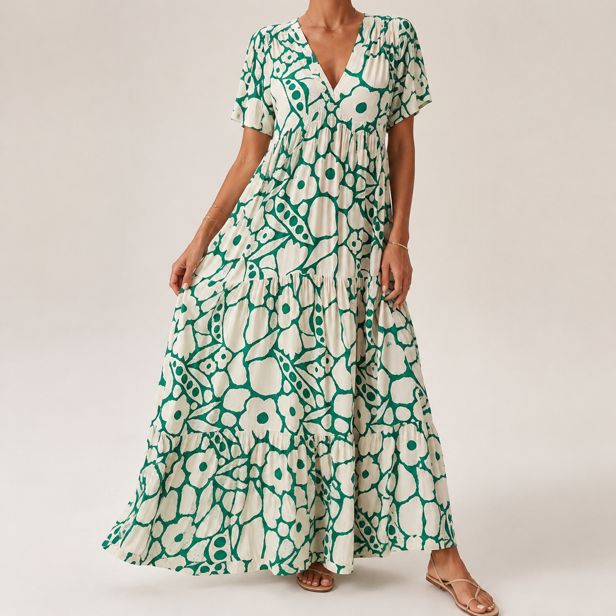Clara | Vestido Largo de Manga Corta con Estampado Floral
