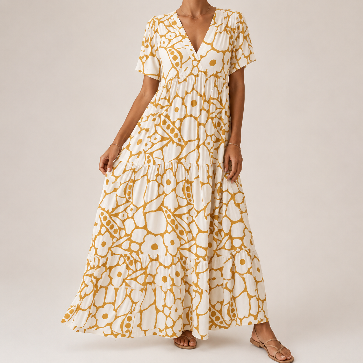 Clara | Vestido Largo de Manga Corta con Estampado Floral