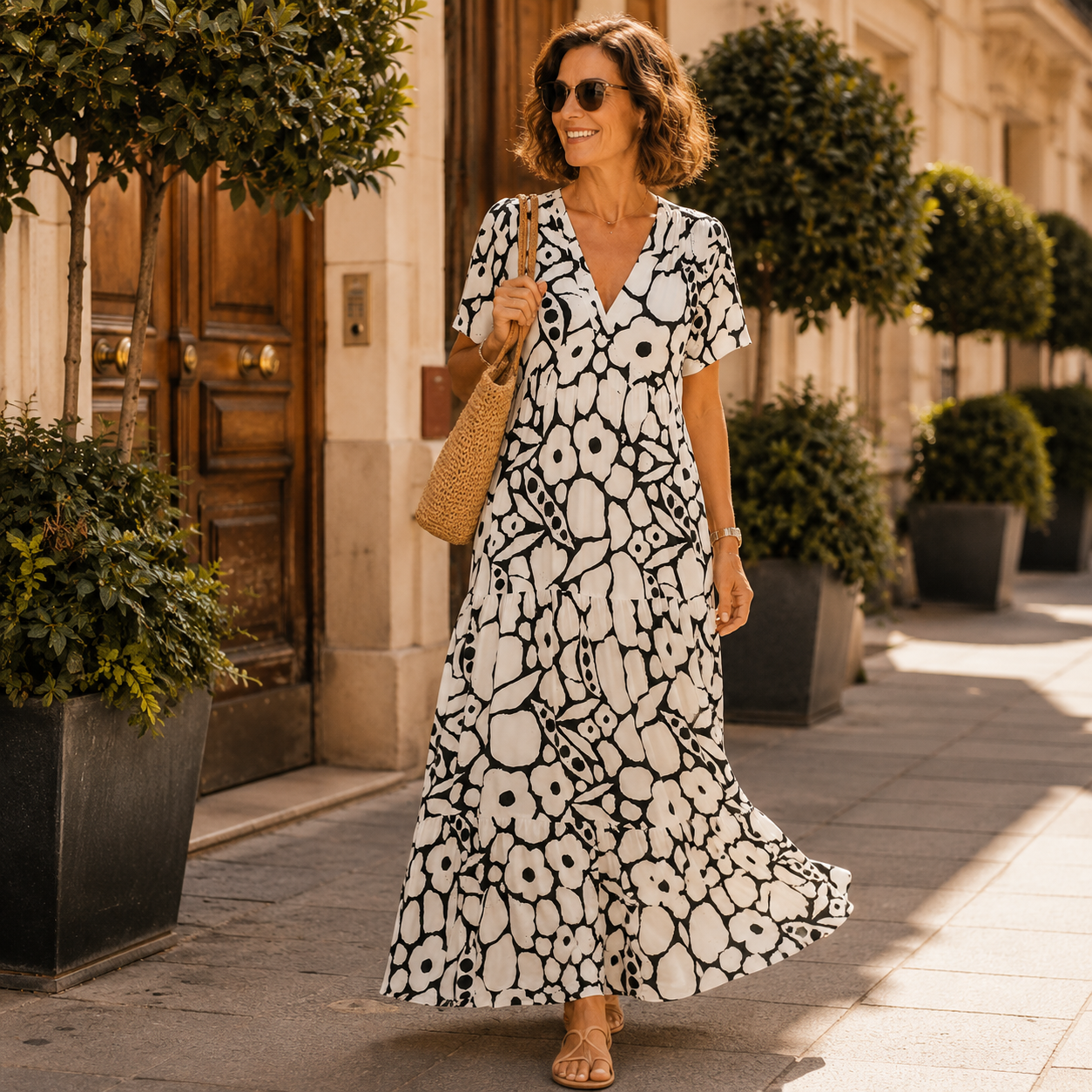 Clara | Vestido Largo de Manga Corta con Estampado Floral