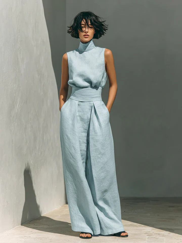 Flor | Blusa Sin Mangas y Pantalón Ancho en Algodón y Lino