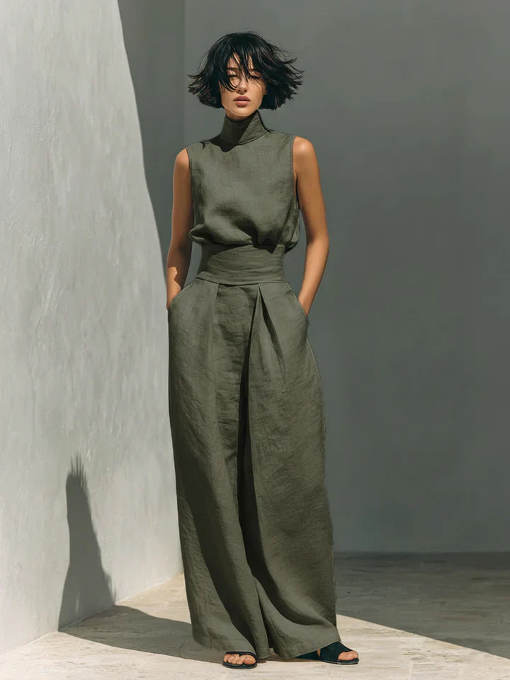 Flor | Blusa Sin Mangas y Pantalón Ancho en Algodón y Lino