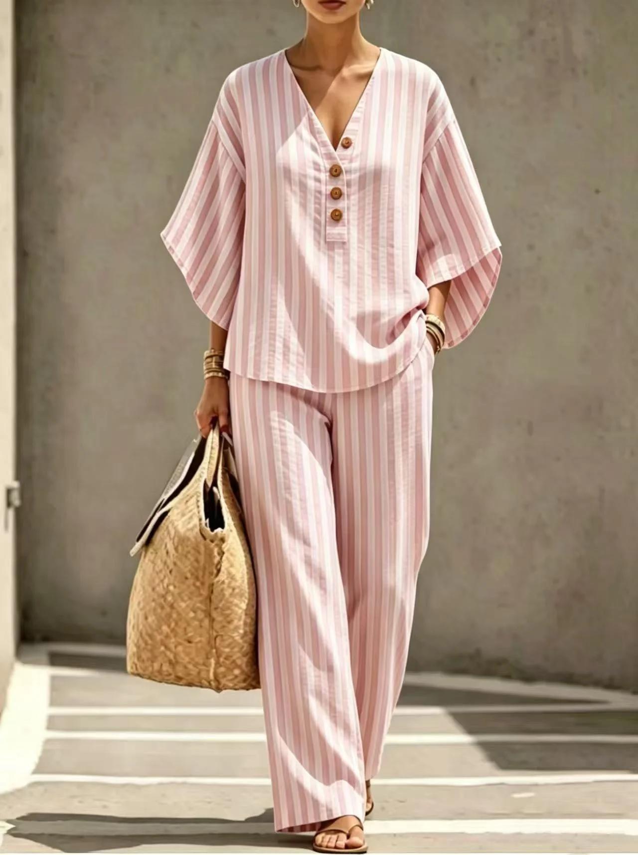 Alegría | Conjunto de Blusa y Pantalón a Rayas con Corte Holgado