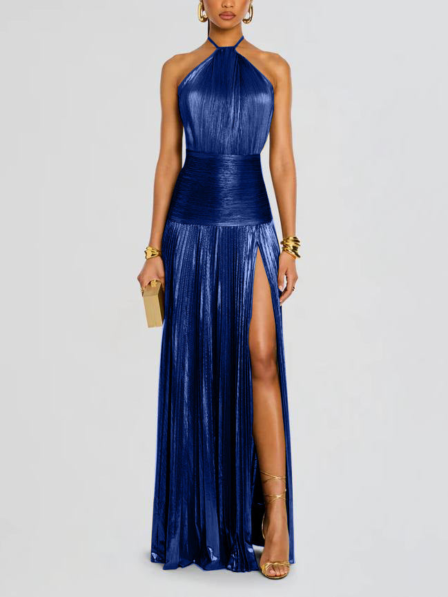 Elena | Vestido Maxi Halter Metálico con Abertura