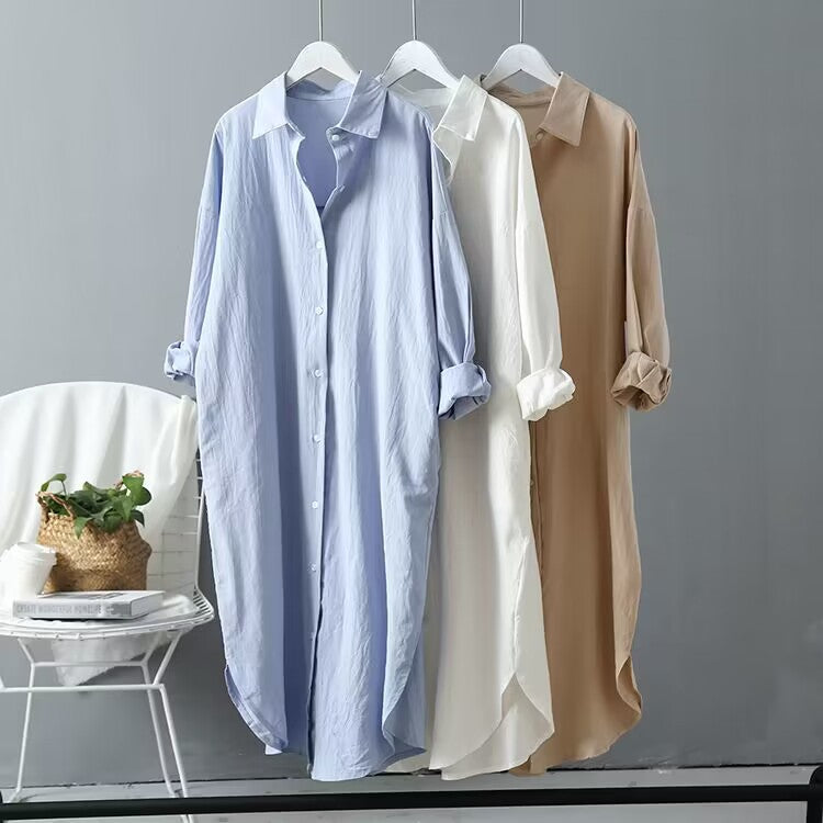 25 Shirts voor vrouwen Lente & Herfst Katoen en linnen Modieuze Koreaanse stijl Pure kleur Veelzijdige tops van middellange lengte Losse shirts met lange mouwen Grote maten tops