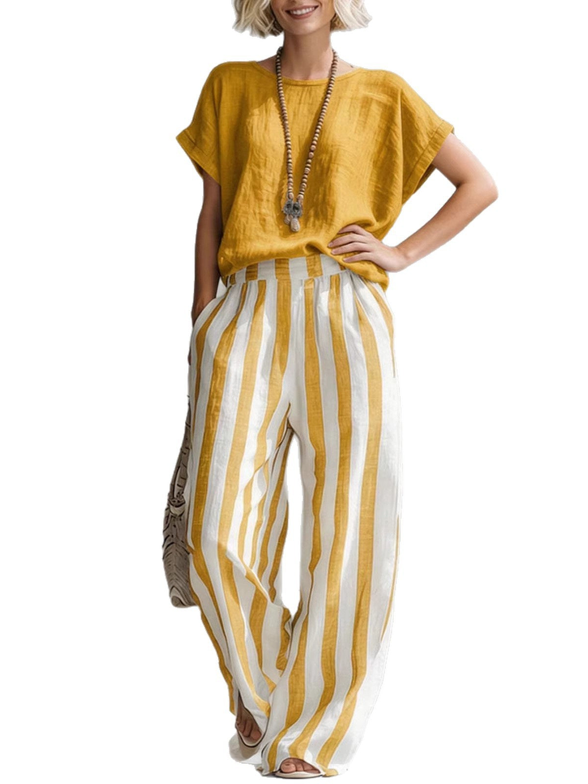 Marina | Conjunto de Top Suelto y Pantalón a Rayas con Pierna Ancha