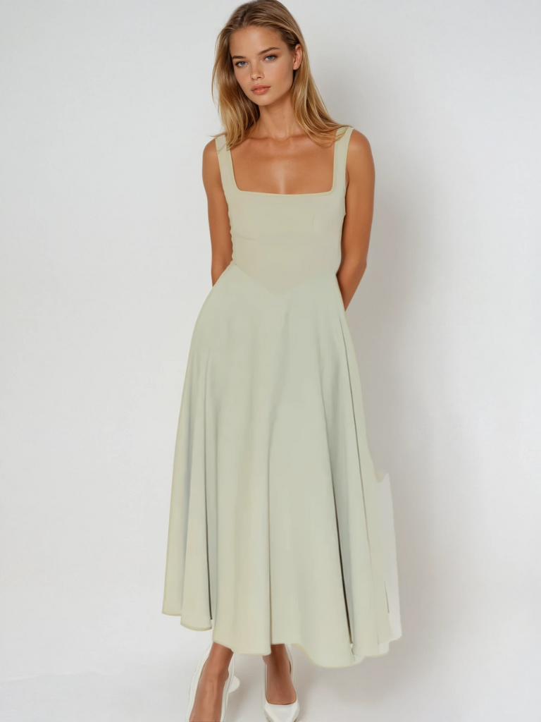 Abito | Vestido Midi con Escote Cuadrado y Falda Evasé