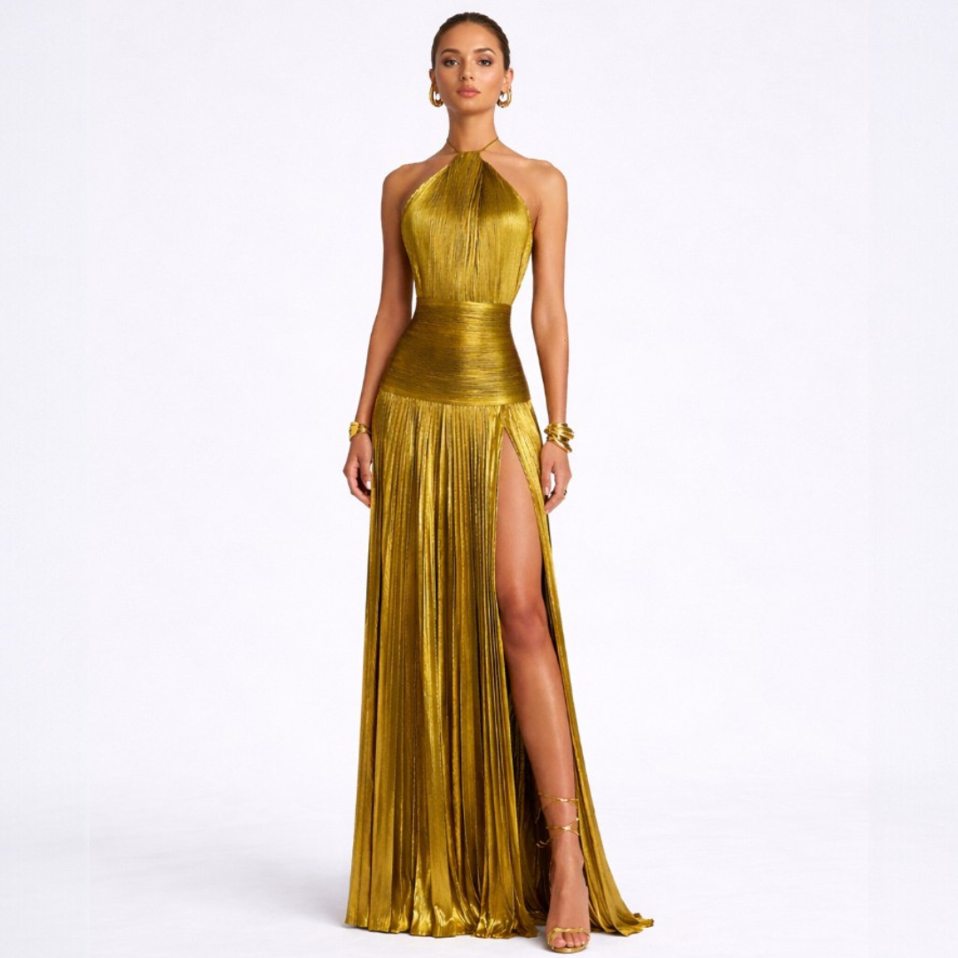 Elena | Vestido Maxi Halter Metálico con Abertura