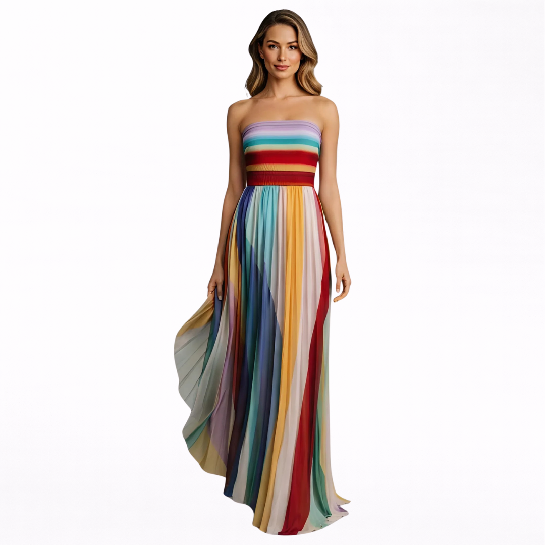 Giulia | Vestido Maxi de Rayas Multicolor con Escote Palabra de Honor