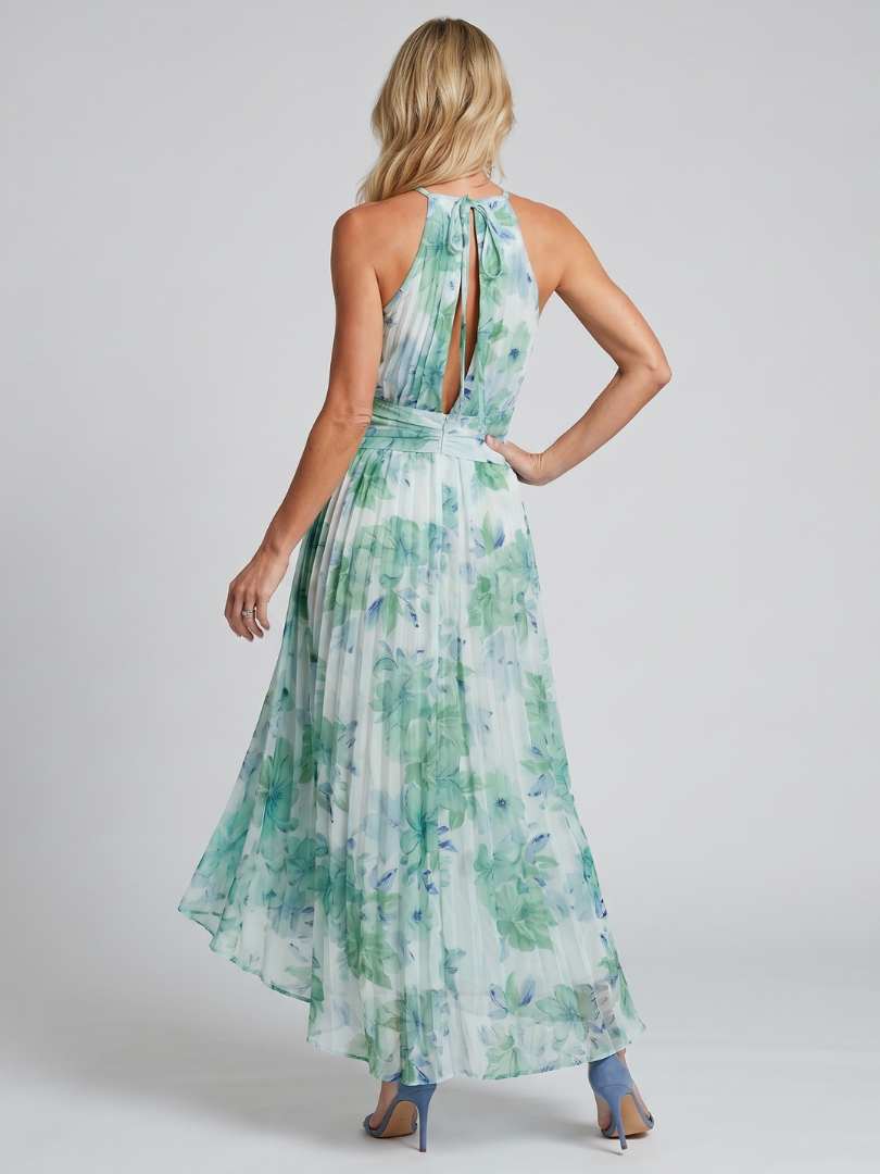 Portia | Vestido Midi Halter Plisado con Estampado Floral