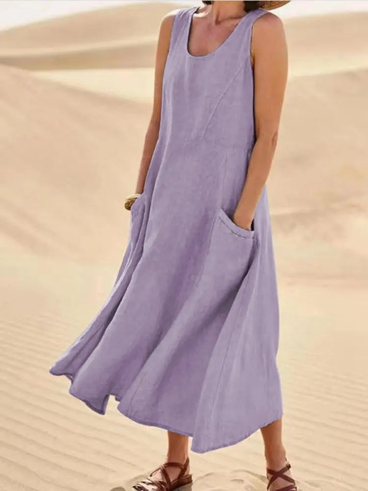 Sofía | Vestido largo de lino para mujer con cuello redondo y grandes bolsillos