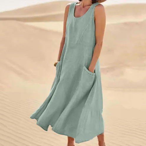Sofía | Vestido largo de lino para mujer con cuello redondo y grandes bolsillos