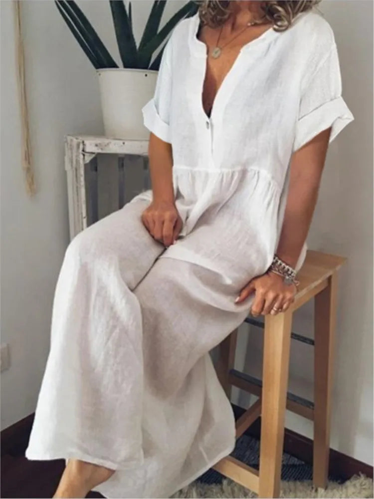 Marea | Vestido Maxi de Lino con Escote en V y Manga Corta