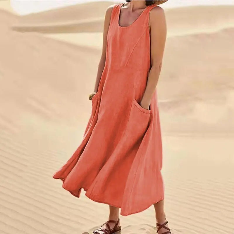 Sofía | Vestido largo de lino para mujer con cuello redondo y grandes bolsillos