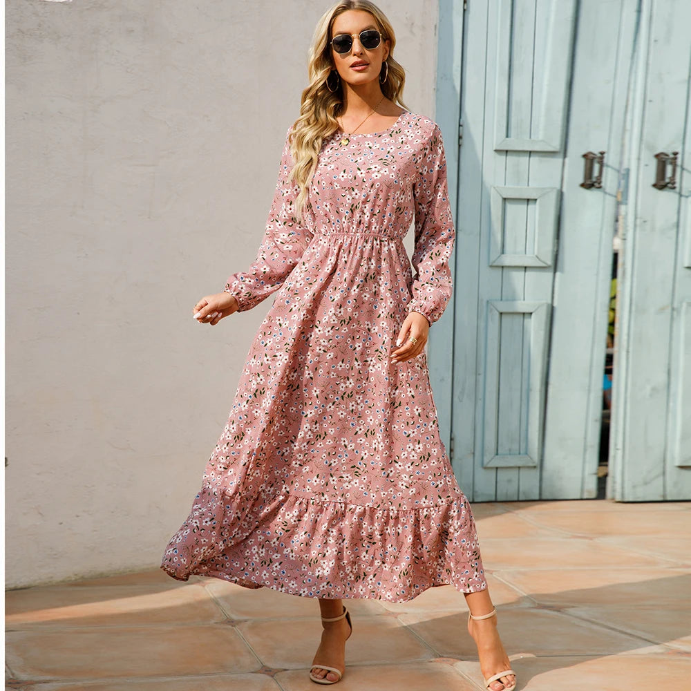 Isabella | Vestido Largo Floral con Manga Larga y Cintura Fruncida