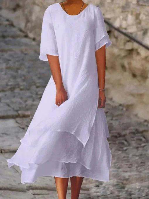 Perla | Vestido Maxi de Lino con Falda en Capas y Manga Corta