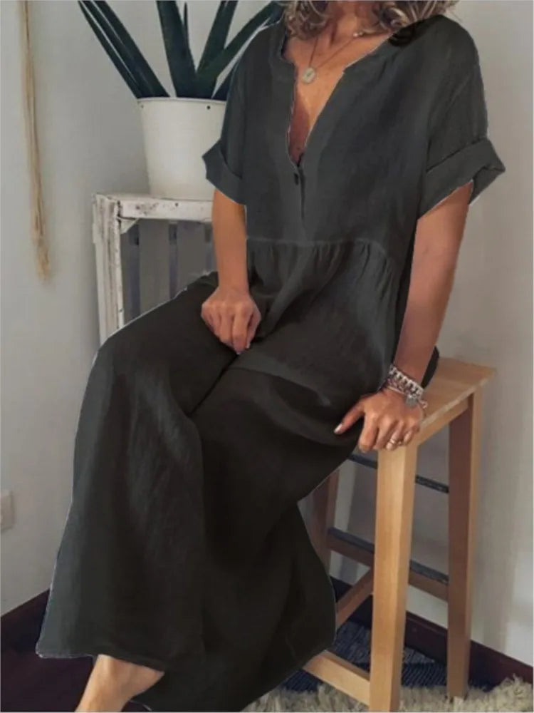 Marea | Vestido Maxi de Lino con Escote en V y Manga Corta