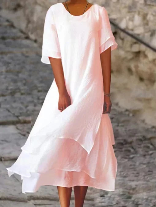 Perla | Vestido Maxi de Lino con Falda en Capas y Manga Corta